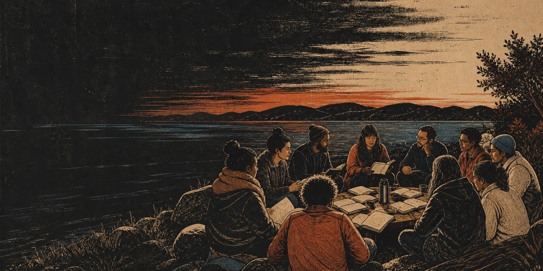 People sharing books beside the bay at dusk